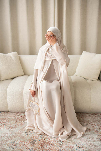 Aila Champagne Embellished Organza Cape Abaya