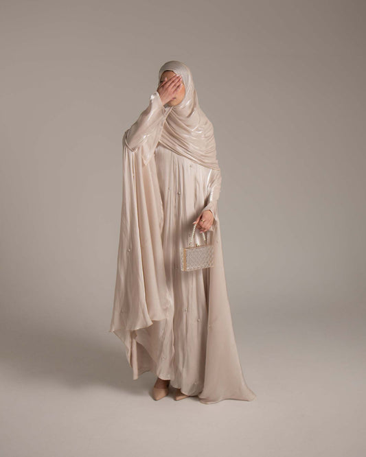 Aila Champagne Embellished Organza Cape Abaya