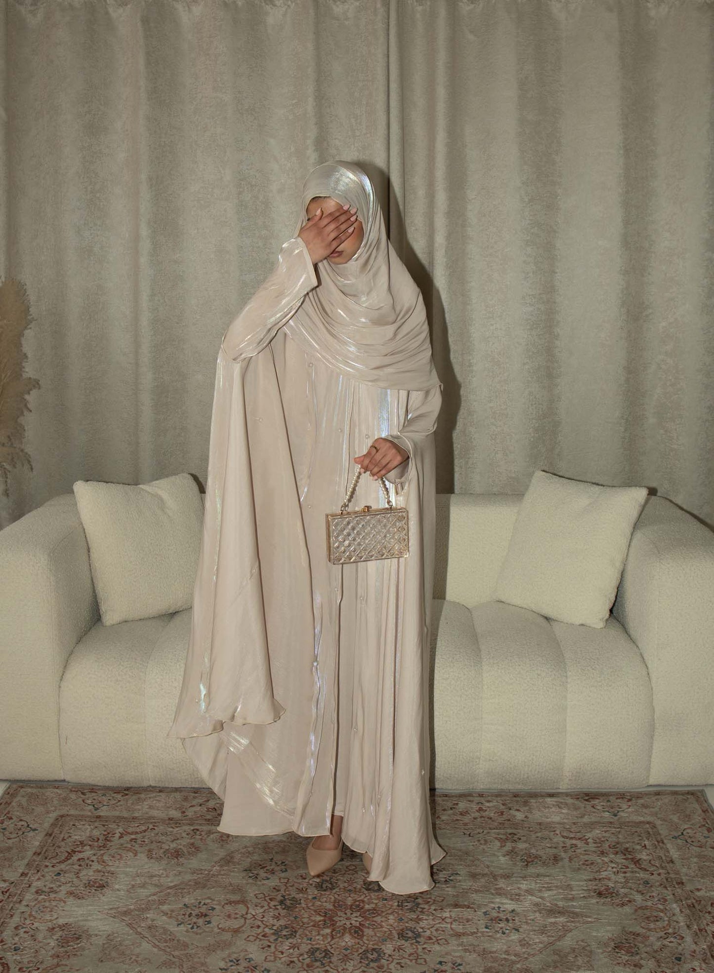 Aila Champagne Embellished Organza Cape Abaya