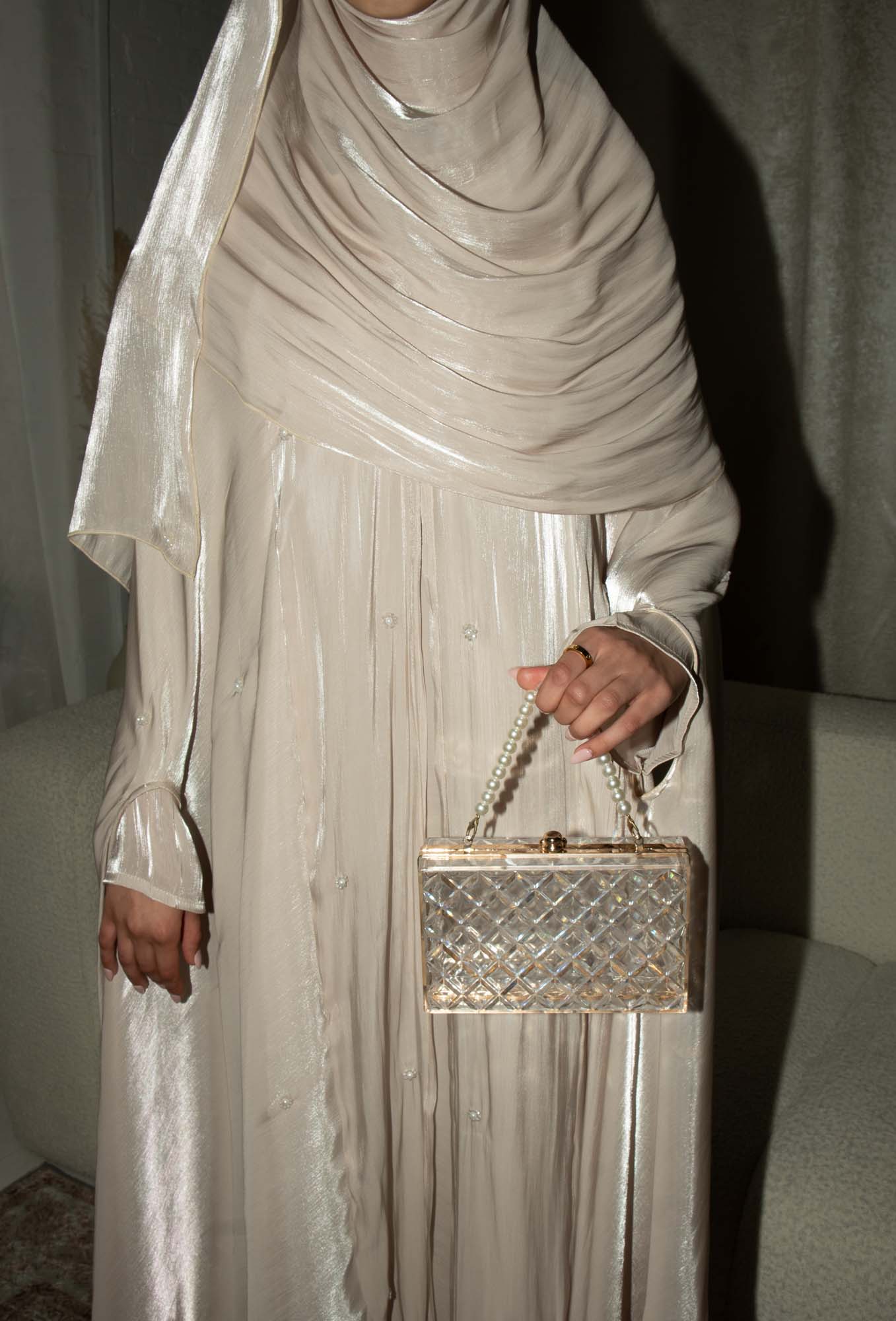 Aila Champagne Embellished Organza Cape Abaya