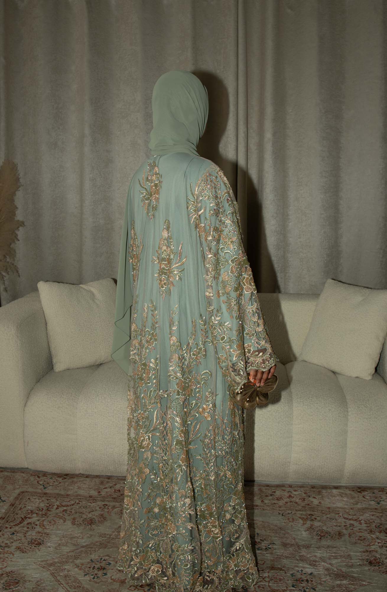 Zariyah Sage Green Embroidered Dupatta Abaya