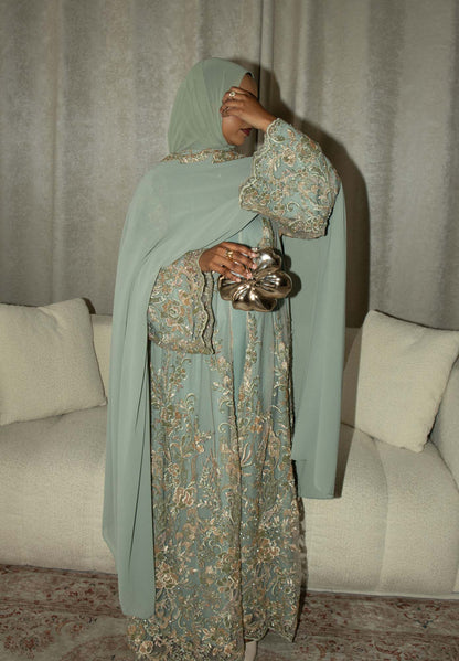 Zariyah Sage Green Embroidered Dupatta Abaya