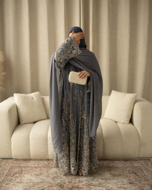 Zariyah Midnight Grey Embroidered Dupatta Abaya