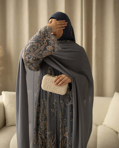 Zariyah Midnight Grey Embroidered Dupatta Abaya
