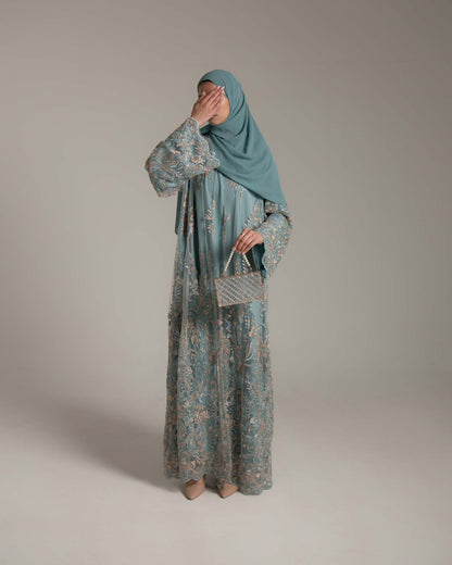 Zariyah Teal Embroidered Dupatta Abaya