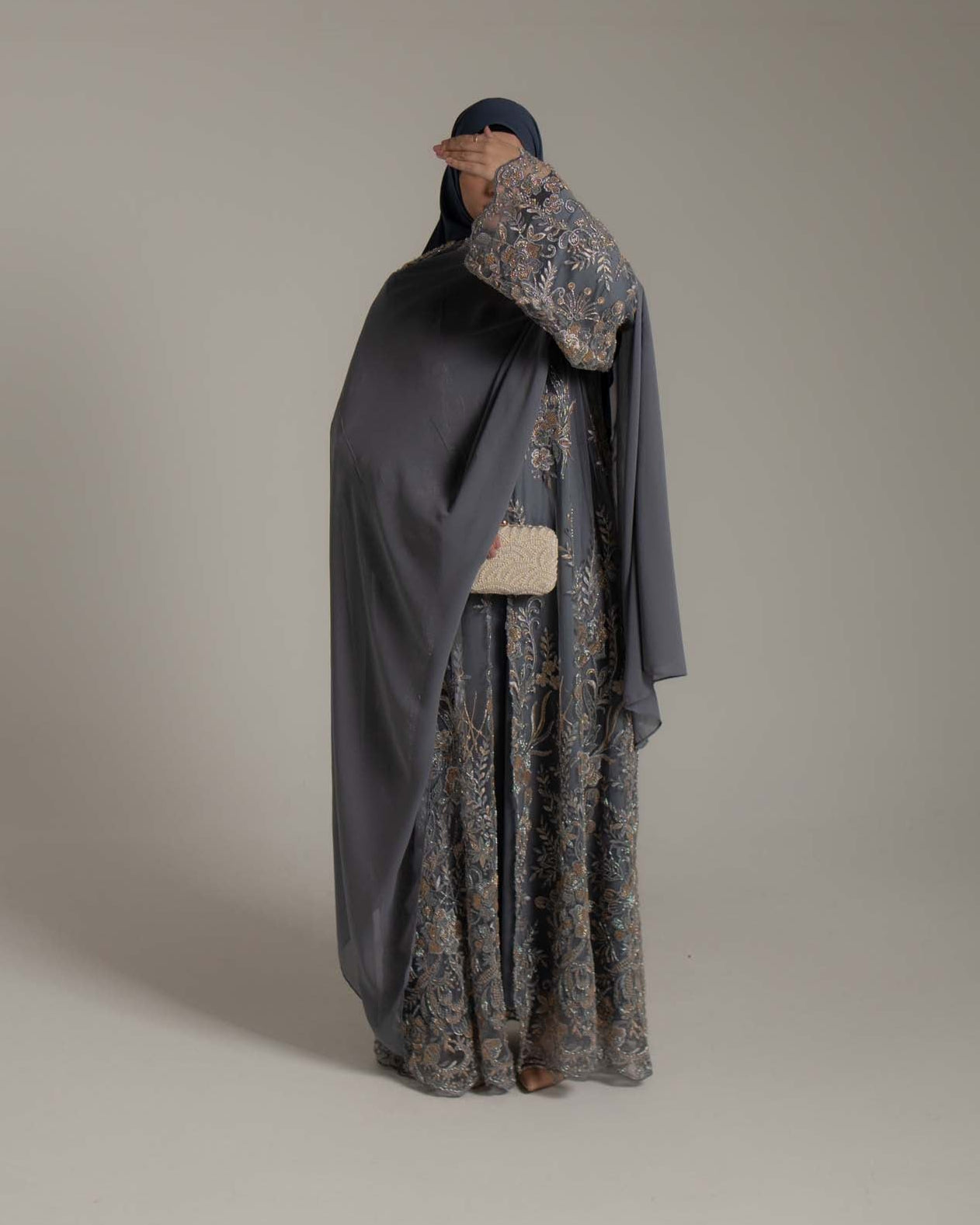 Zariyah Midnight Grey Embroidered Dupatta Abaya