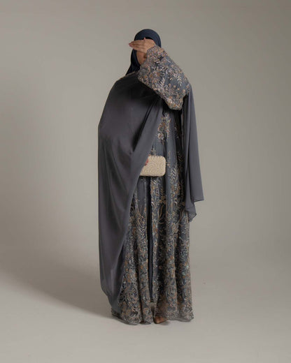 Zariyah Midnight Grey Embroidered Dupatta Abaya