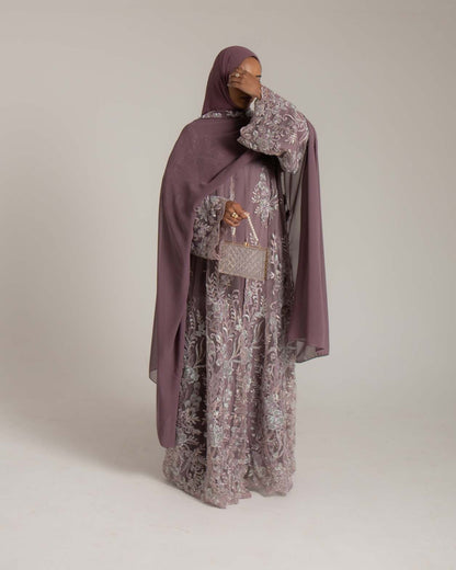 Zariyah Mauve Embroidered Dupatta Abaya