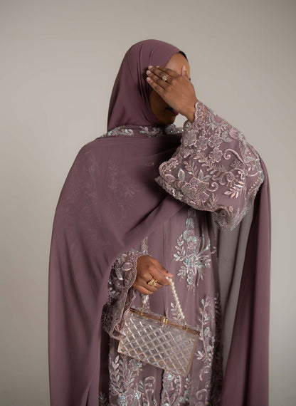 Zariyah Mauve Embroidered Dupatta Abaya