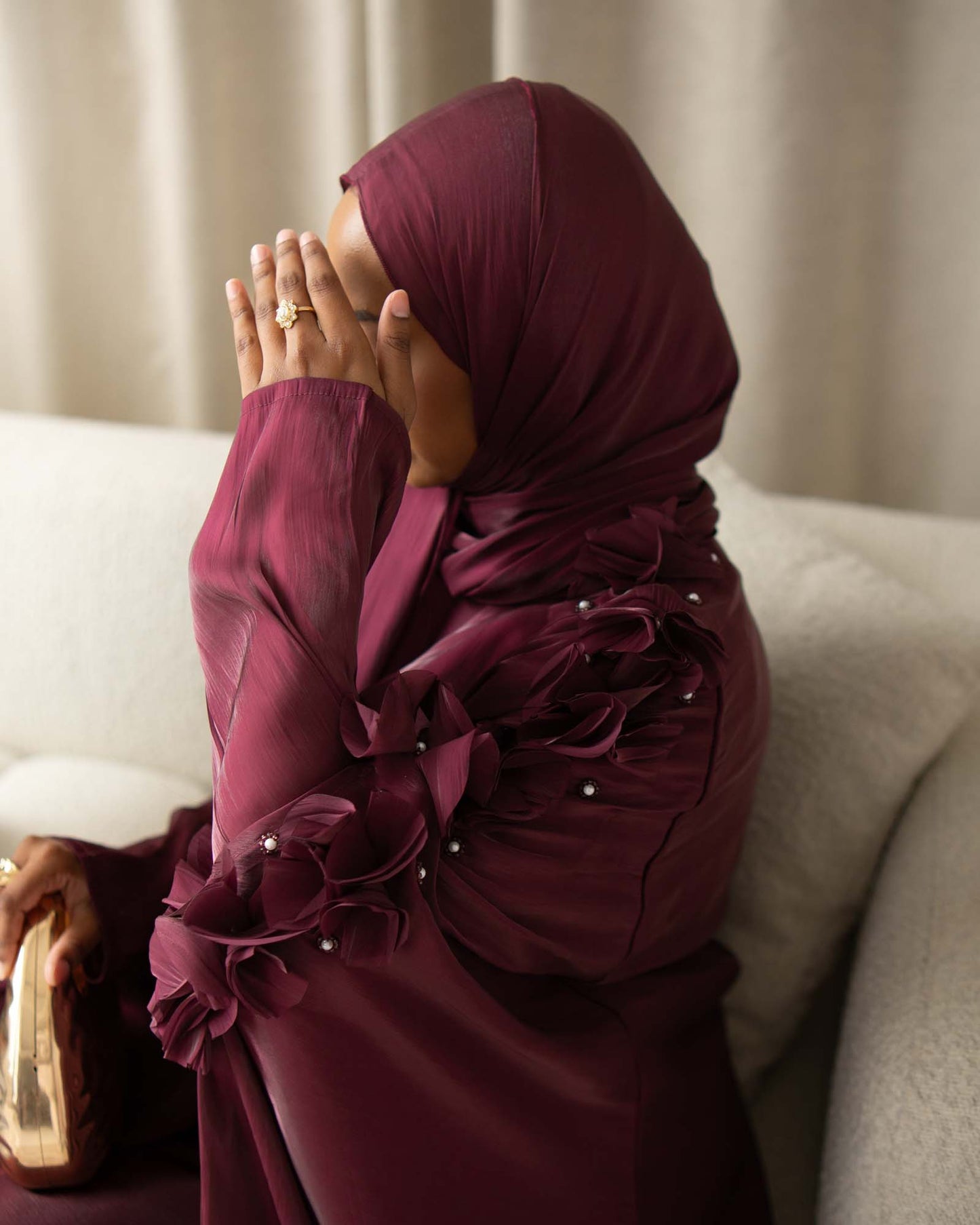 Maaliya Plum 3D Flower Embellished Organza Cape Abaya