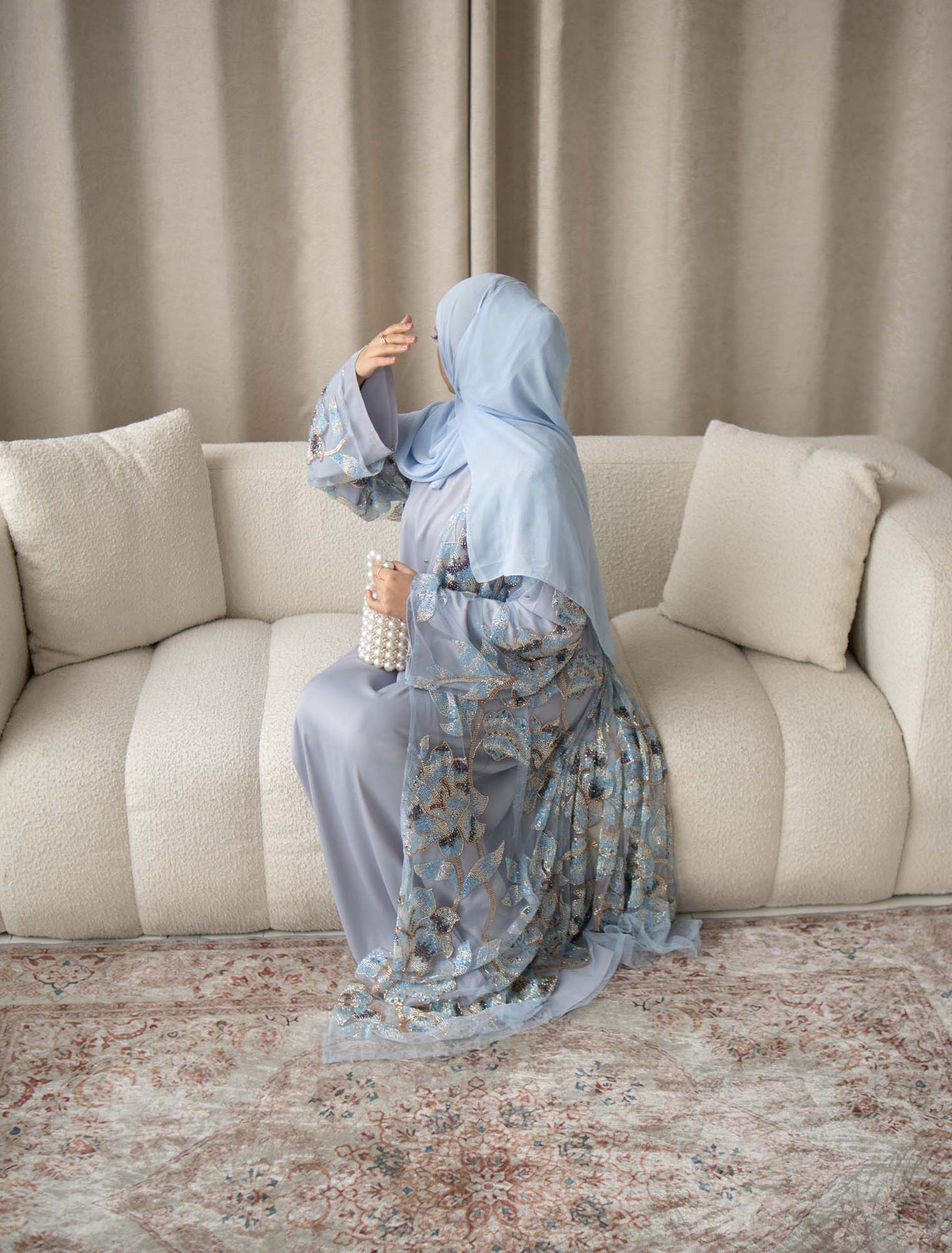 Samra Light Blue Floral Embellished Abaya