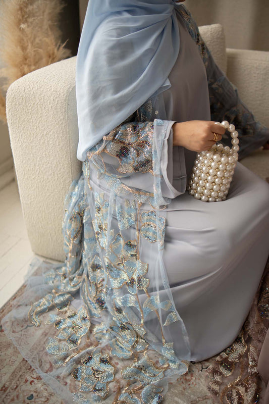 Samra Light Blue Floral Embellished Abaya