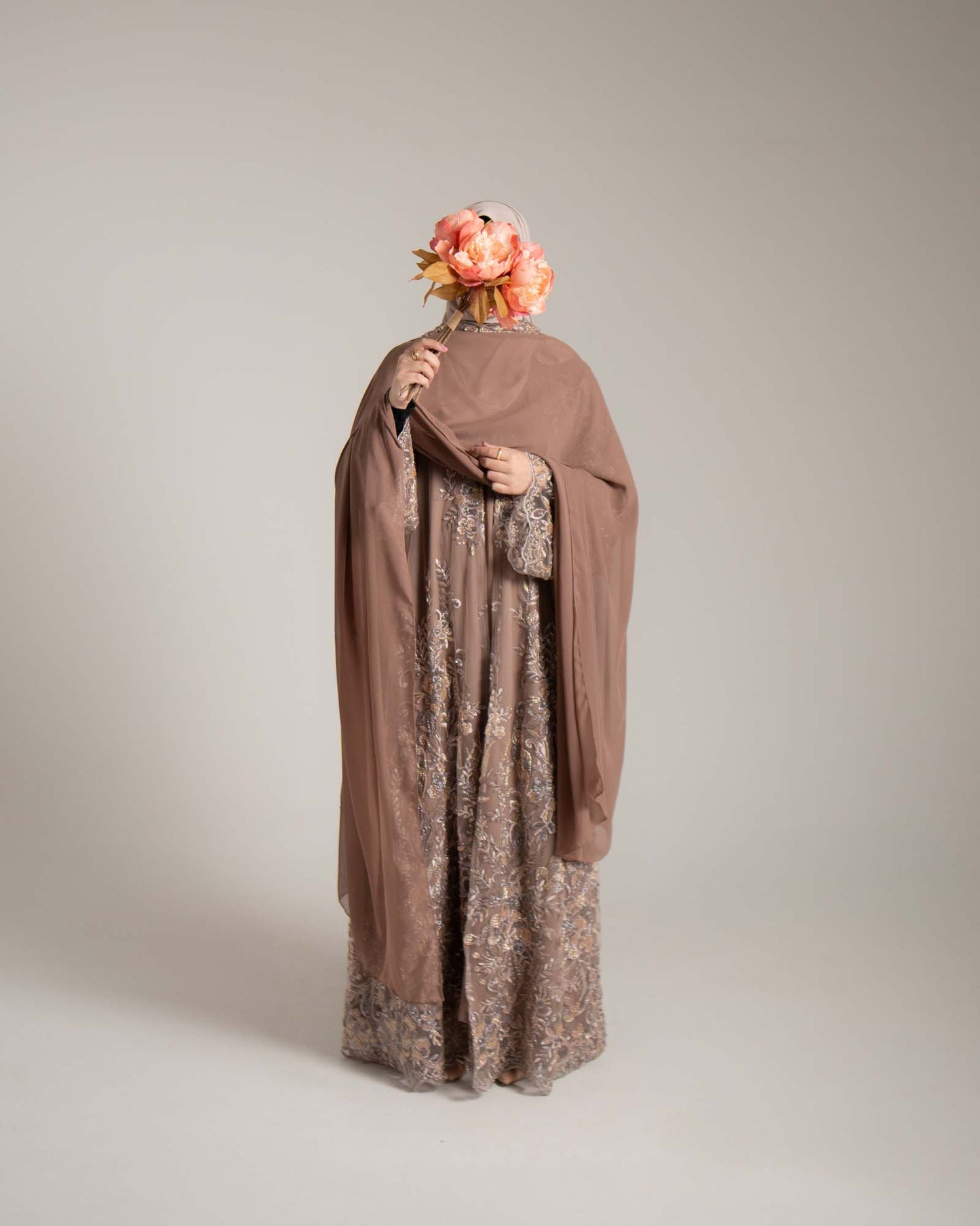 Zariyah Brown Embroidered Dupatta Abaya