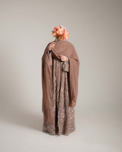 Zariyah Brown Embroidered Dupatta Abaya