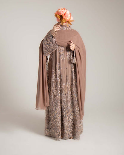 Zariyah Brown Embroidered Dupatta Abaya