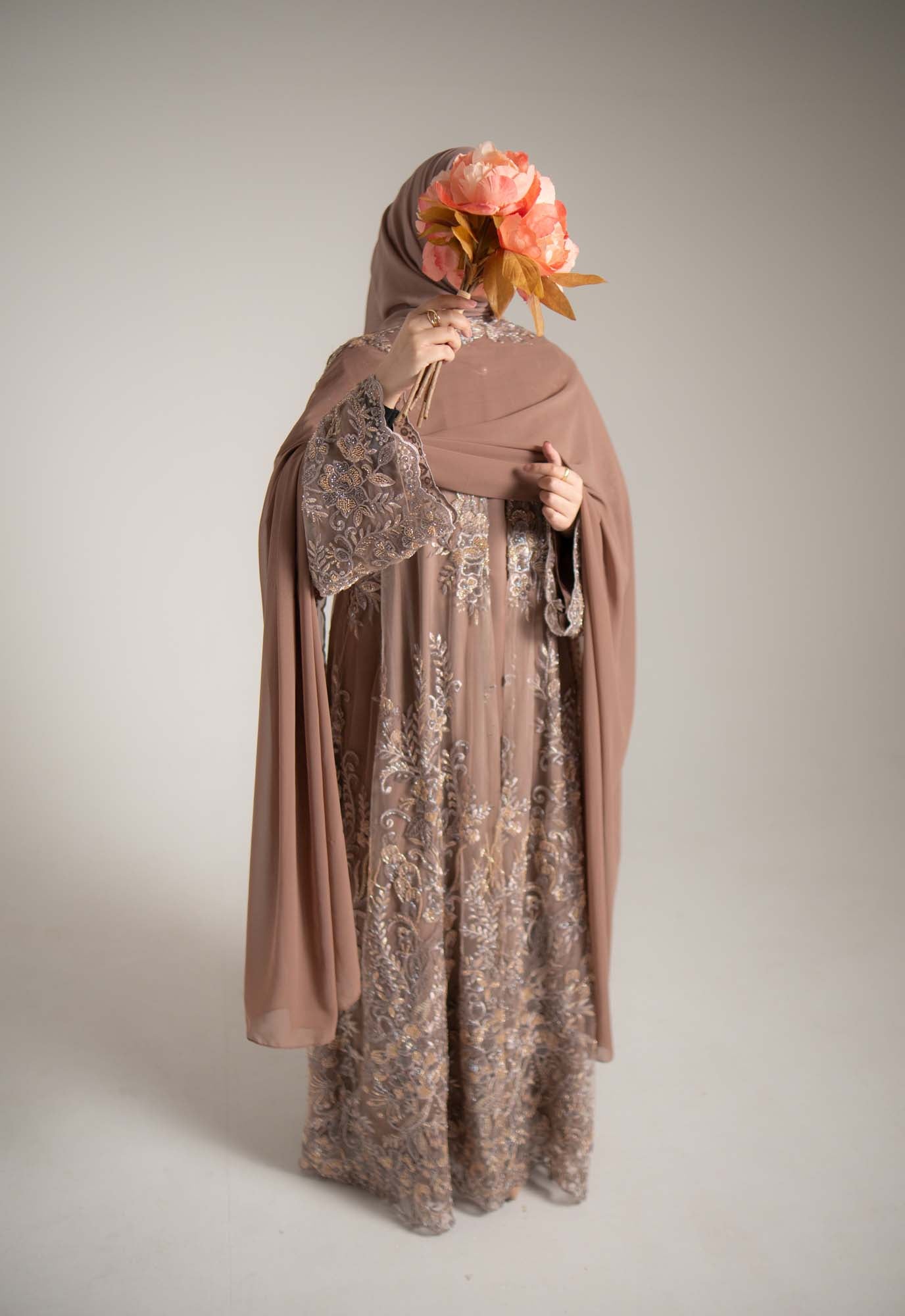 Zariyah Brown Embroidered Dupatta Abaya