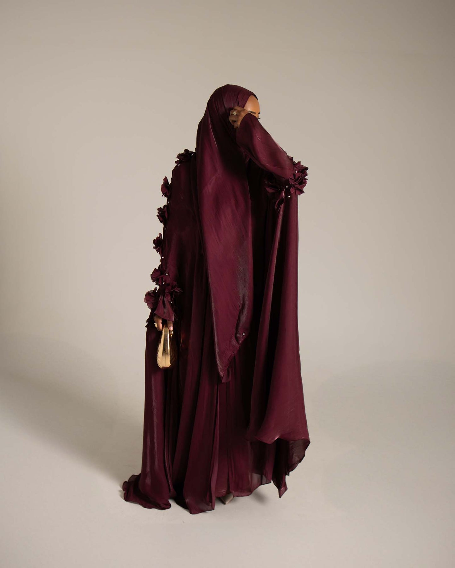 Maaliya Plum 3D Flower Embellished Organza Cape Abaya
