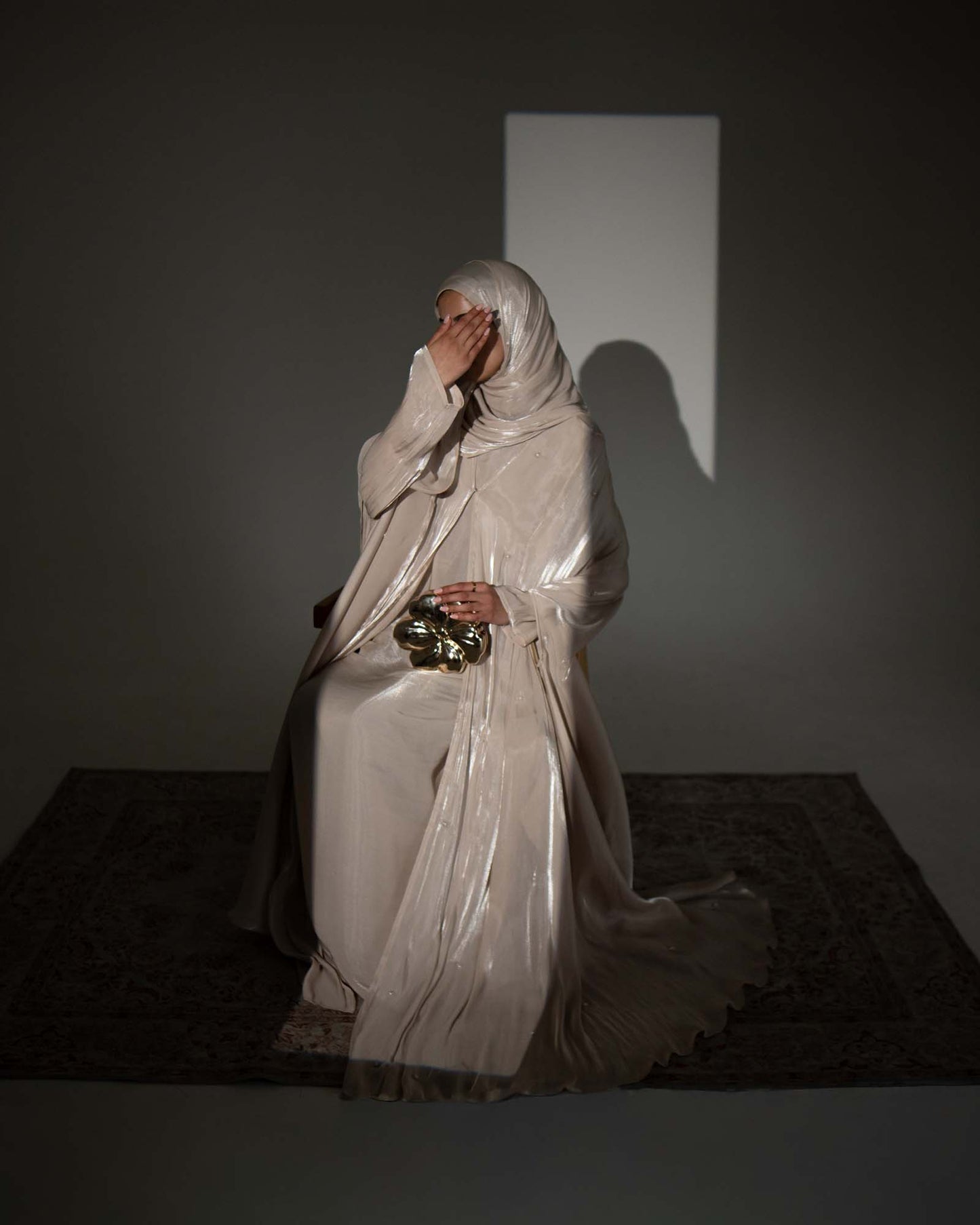 Aila Champagne Embellished Organza Cape Abaya