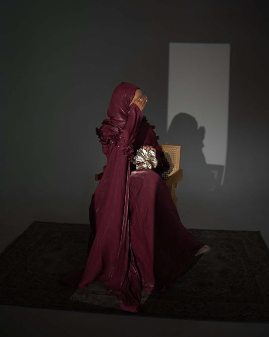 Maaliya Plum 3D Flower Embellished Organza Cape Abaya
