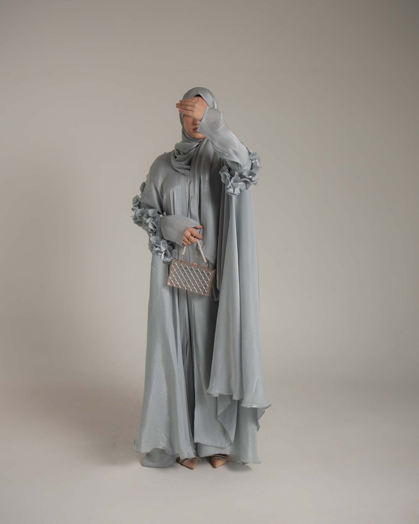 Maaliya Pastel Light Blue 3D Flower Embellished Organza Cape Abaya