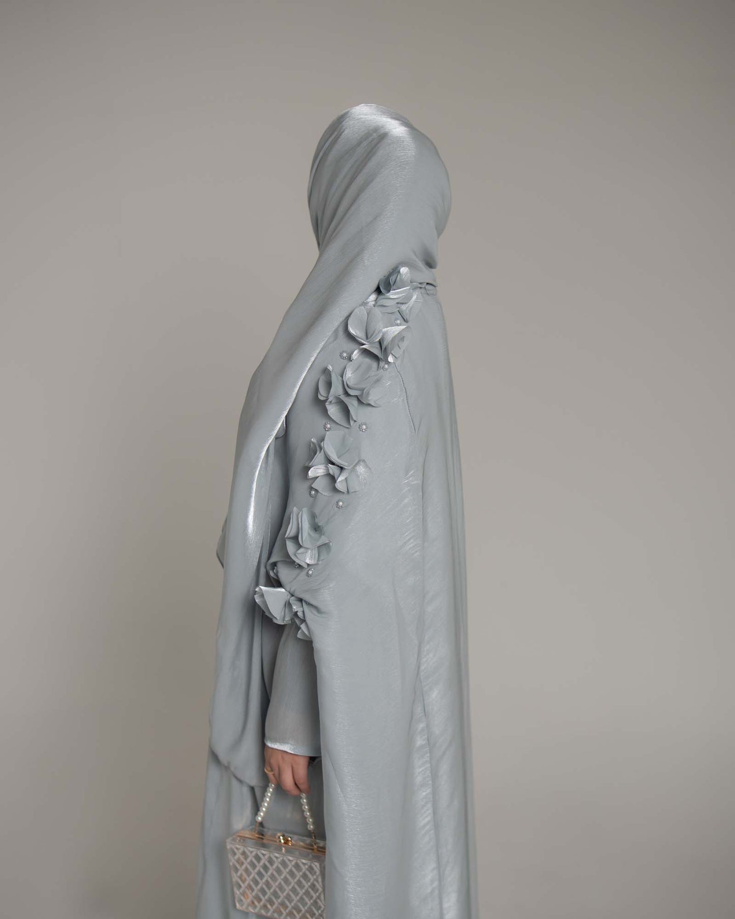 Maaliya Pastel Light Blue 3D Flower Embellished Organza Cape Abaya