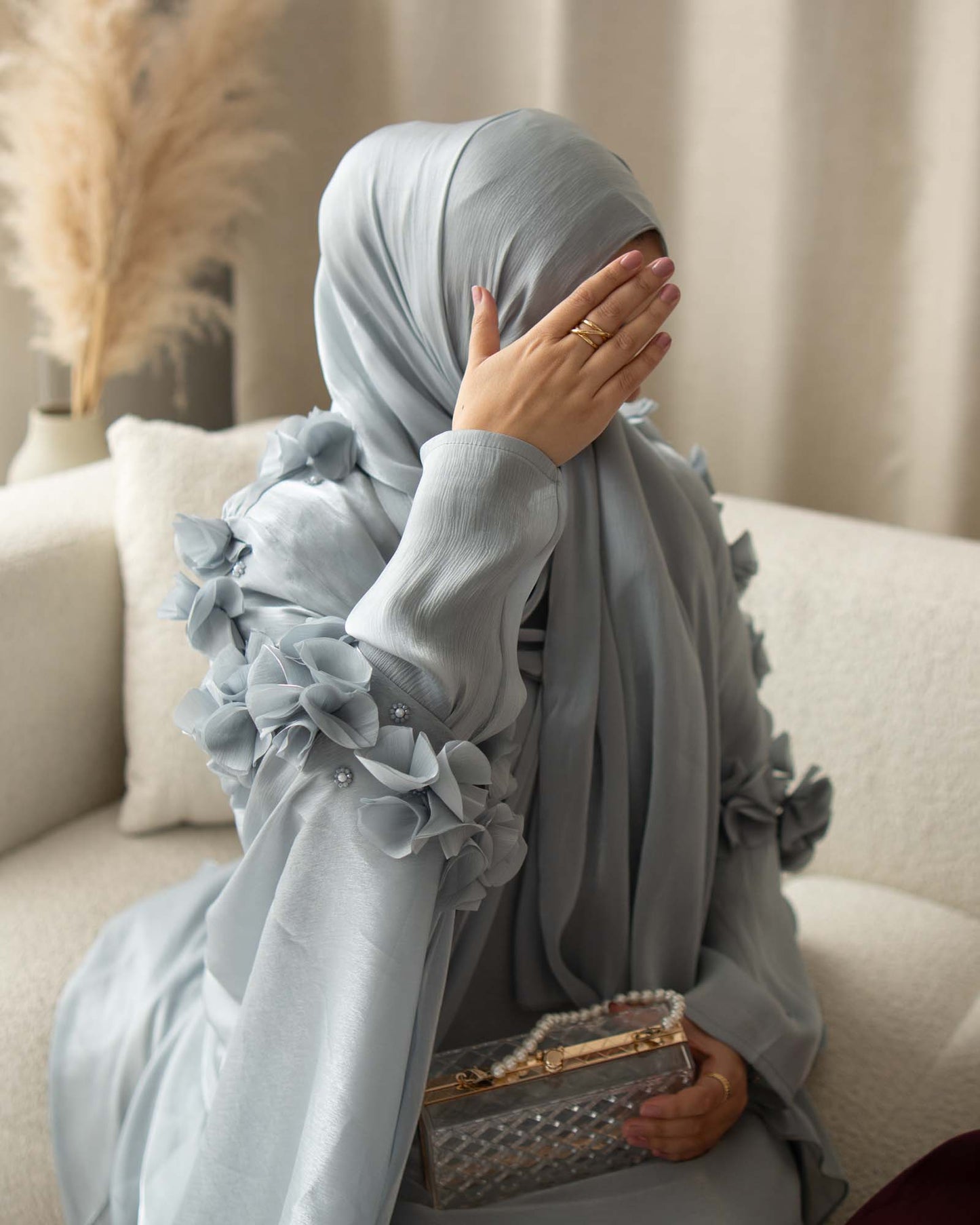 Maaliya Pastel Light Blue 3D Flower Embellished Organza Cape Abaya