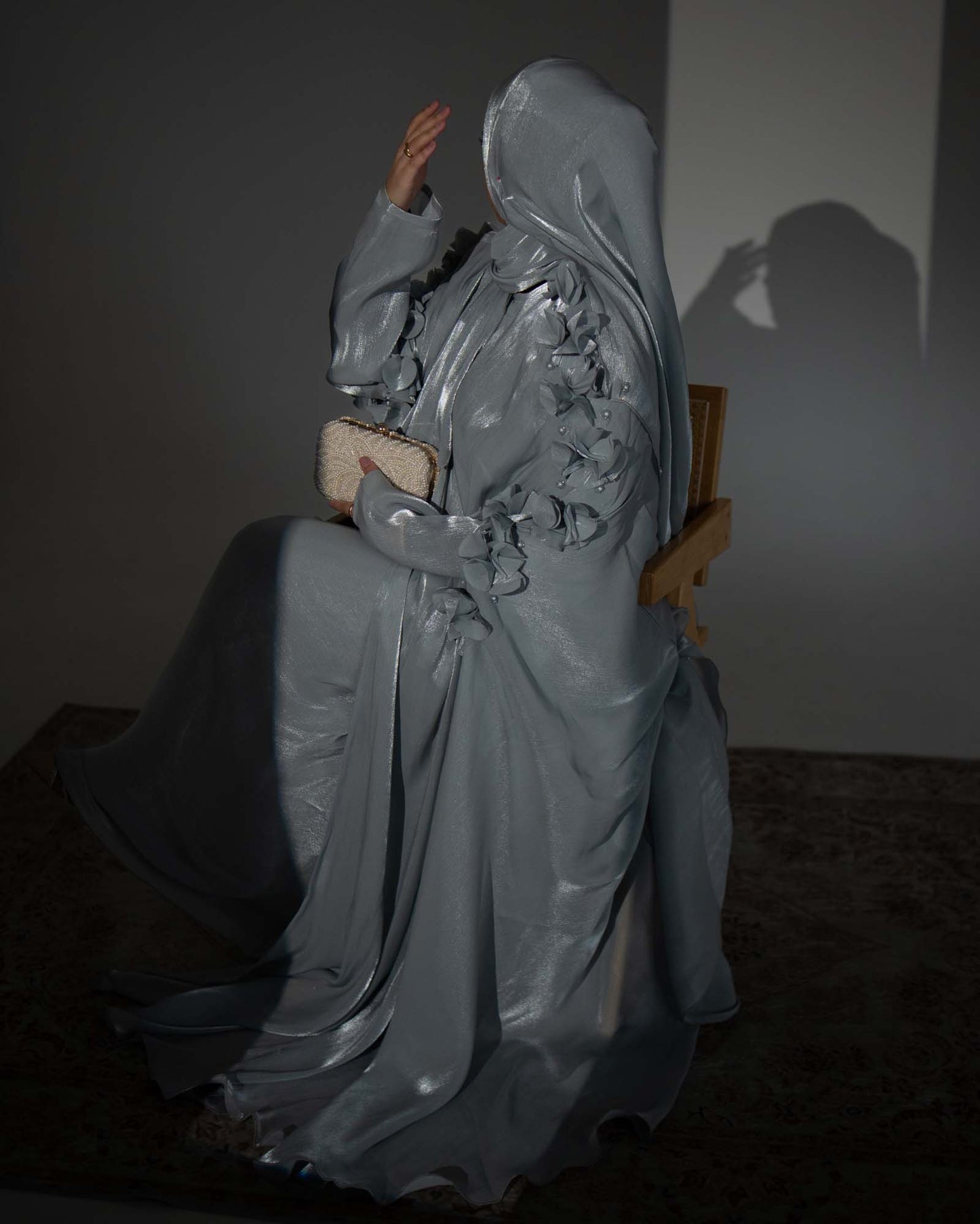 Maaliya Pastel Light Blue 3D Flower Embellished Organza Cape Abaya