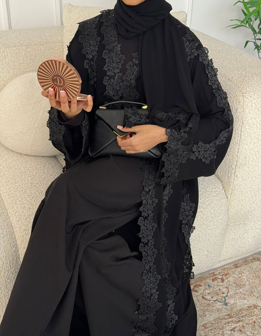 Alma Black Chiffon Lace Panel Abaya