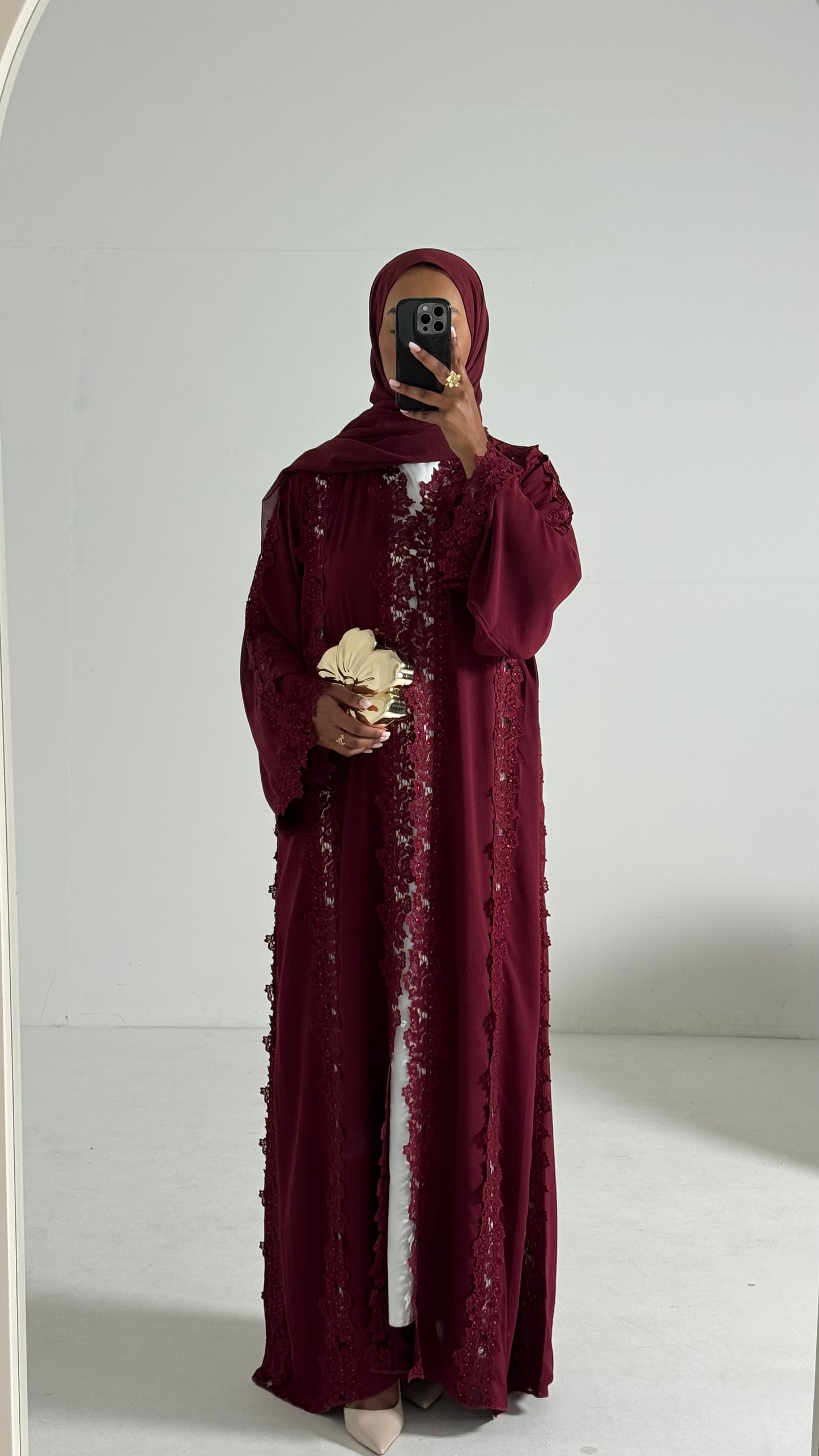 Alma Burgundy Chiffon Lace Panel Abaya
