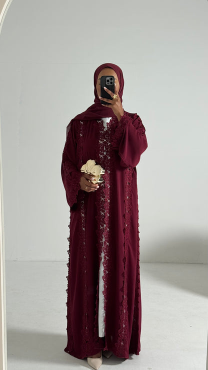 Alma Burgundy Chiffon Lace Panel Abaya