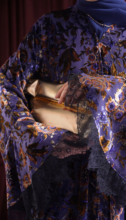 Aseel Blue Velvet Flocked Butterfly Abaya