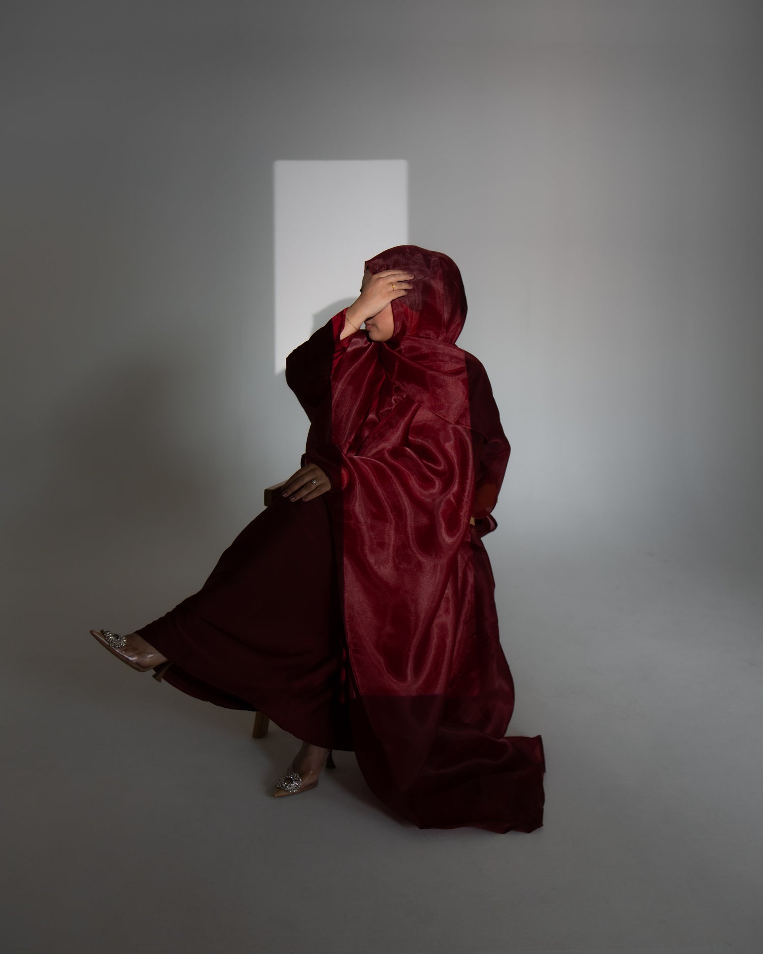 Huda Deep Burgundy Organza Cape Abaya | layah collection | front view