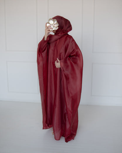 Huda Deep Burgundy Organza Cape Abaya | layah collection | full view