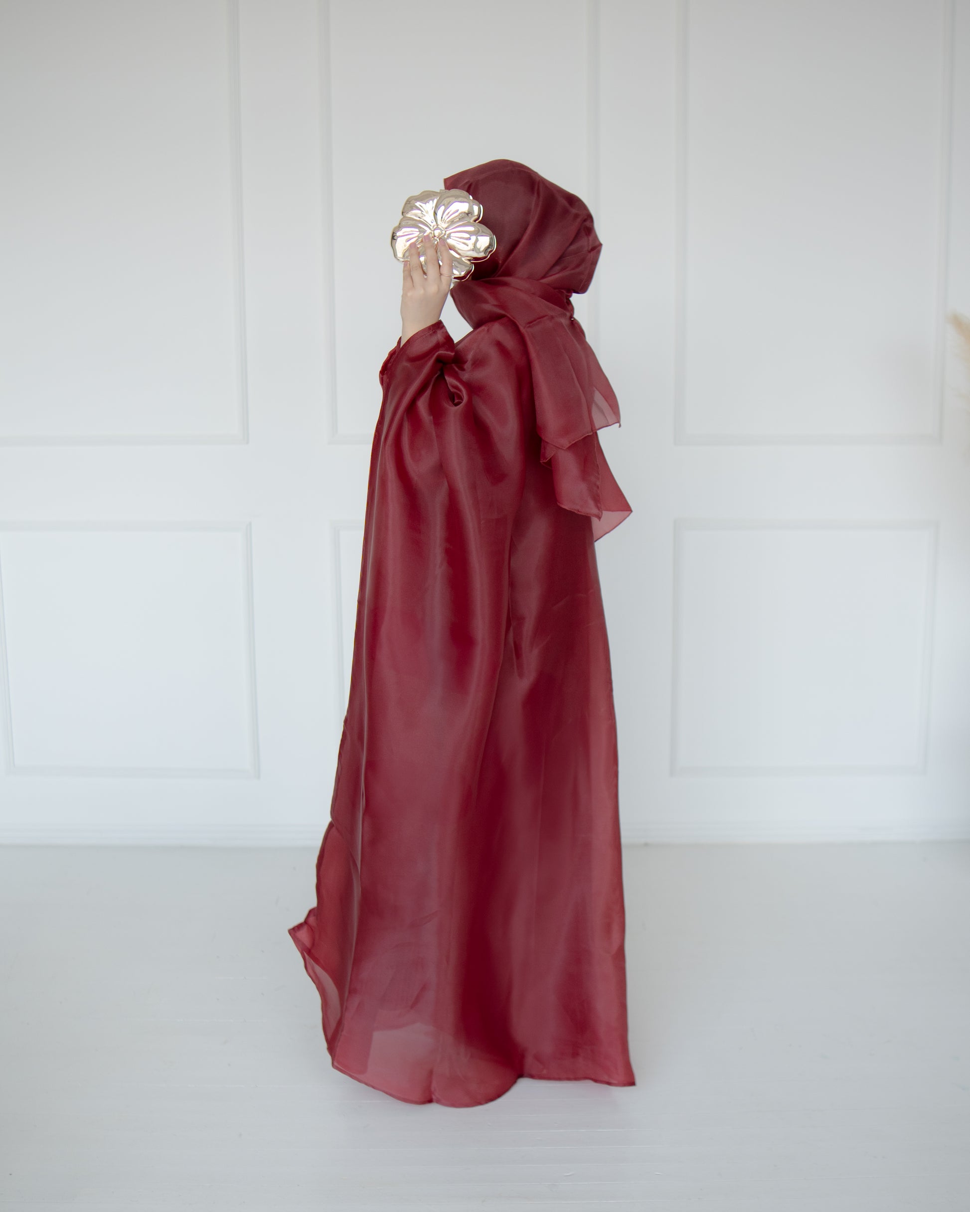 Huda Deep Burgundy Organza Cape Abaya | layah collection | left view