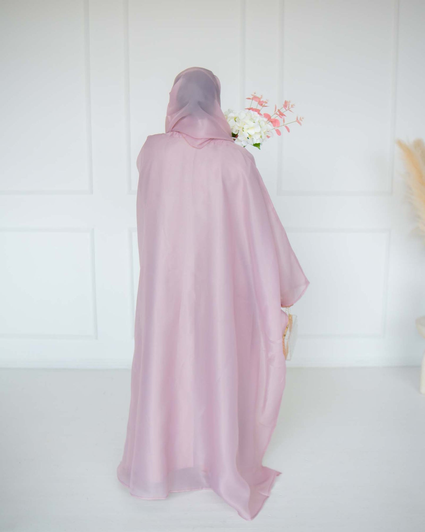 Huda Dusty Pink Organza Cape Abaya | layah collection | back view