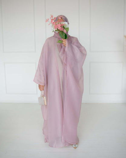 Huda Dusty Pink Organza Cape Abaya | layah collection | front view
