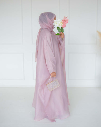 Huda Dusty Pink Organza Cape Abaya | layah collection | right view