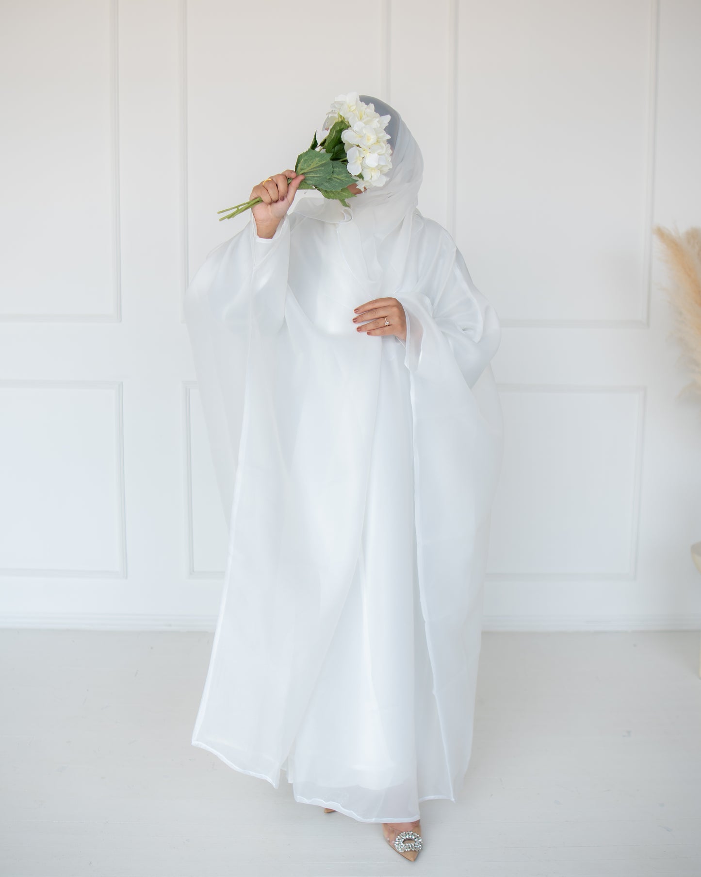 Huda Off-White Organza Cape Abaya | layah collection | front full view