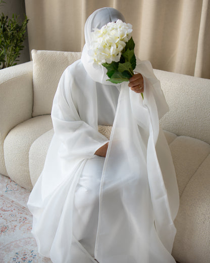 Huda Off-White Organza Cape Abaya | layah collection | front view