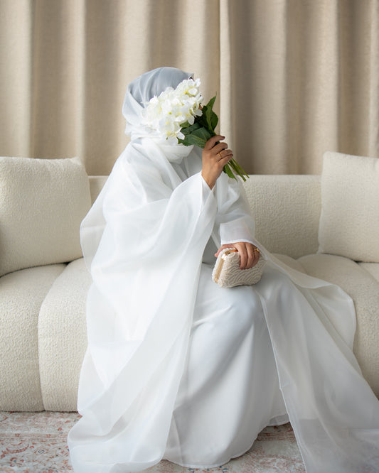 Huda Off-White Organza Cape Abaya | layah collection | side view