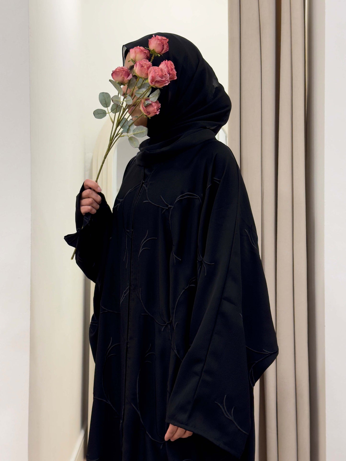 Korean nida abaya. Black abaya. Embroidered abaya. Black embroidered abaya. Black embroidery. Abaya with black embroidery. Abaya with embroidery. Abaya with embroidery on sleeve. Koran nida embroidered abaya. Black abayas. Occasion abaya. Simple occasion abaya. M