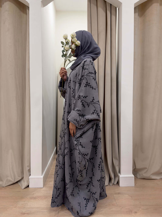 Grey embroidered abayas. Grey embroidered abaya. Grey butterfly abaya. Butterfly abaya. Linen abaya. Winter abaya. Eid abaya. Occasion abaya. Simple eid abaya. Occasion abayas. Grey eid abayas. Grey embroidered eid abayas. 