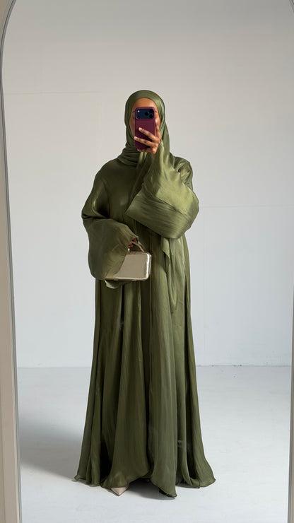 Reema Olive Princess Flared Organza Abaya