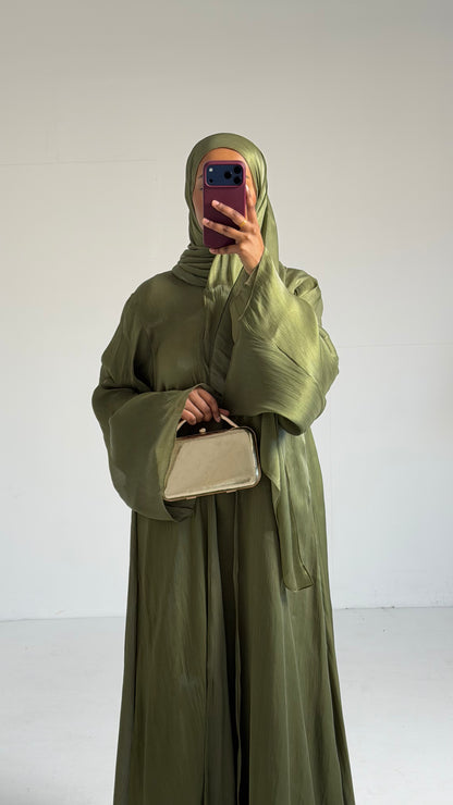 Reema Olive Princess Flared Organza Abaya