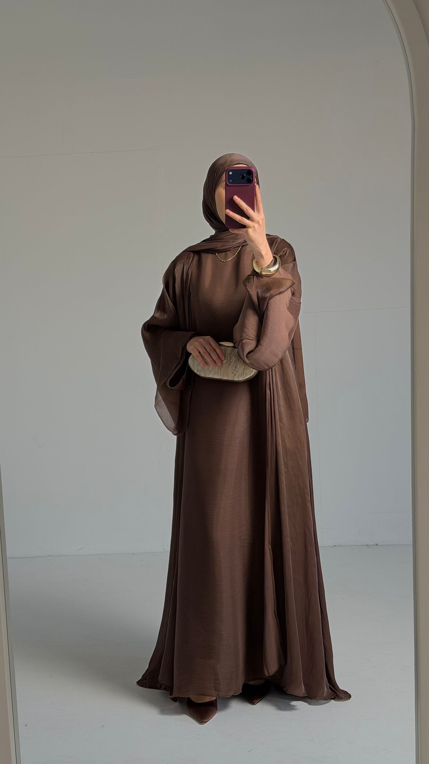 Reema Brown Princess Flared Organza Abaya