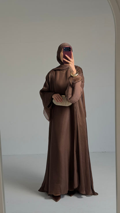 Reema Brown Princess Flared Organza Abaya