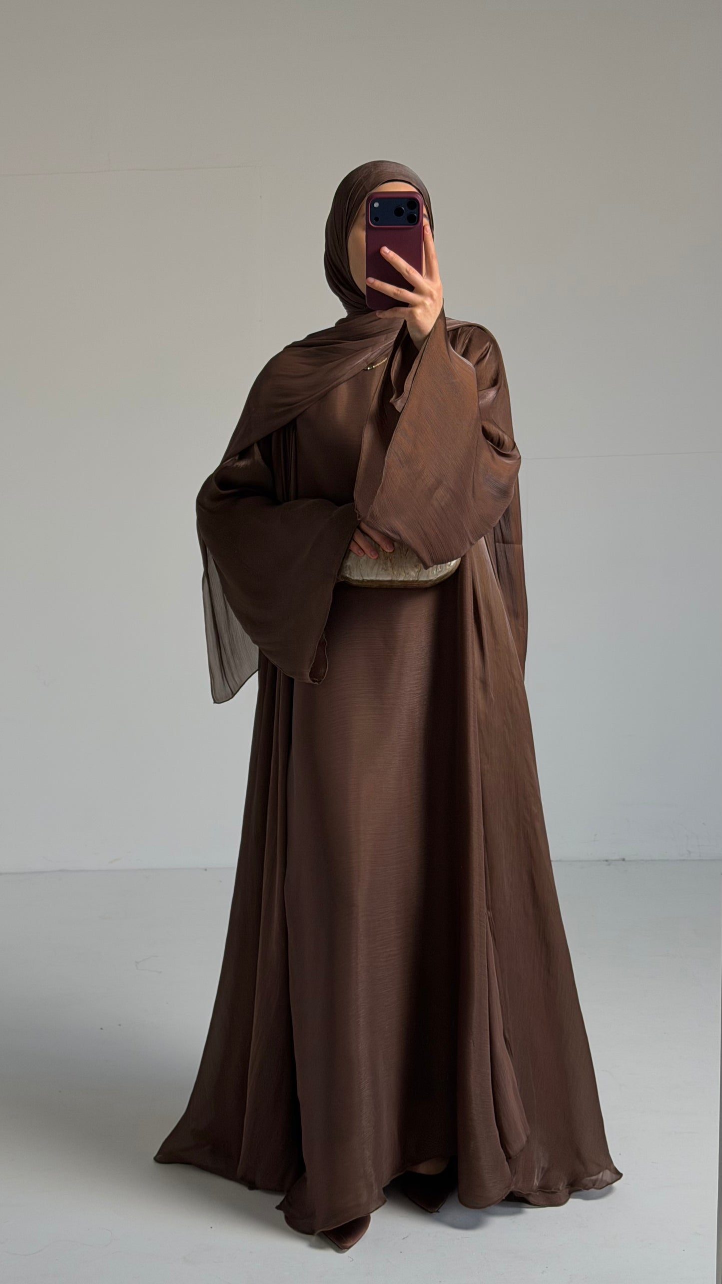 Reema Brown Princess Flared Organza Abaya