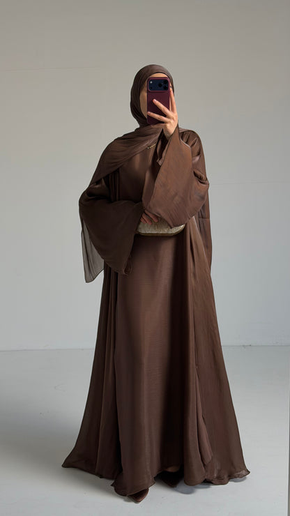 Reema Brown Princess Flared Organza Abaya