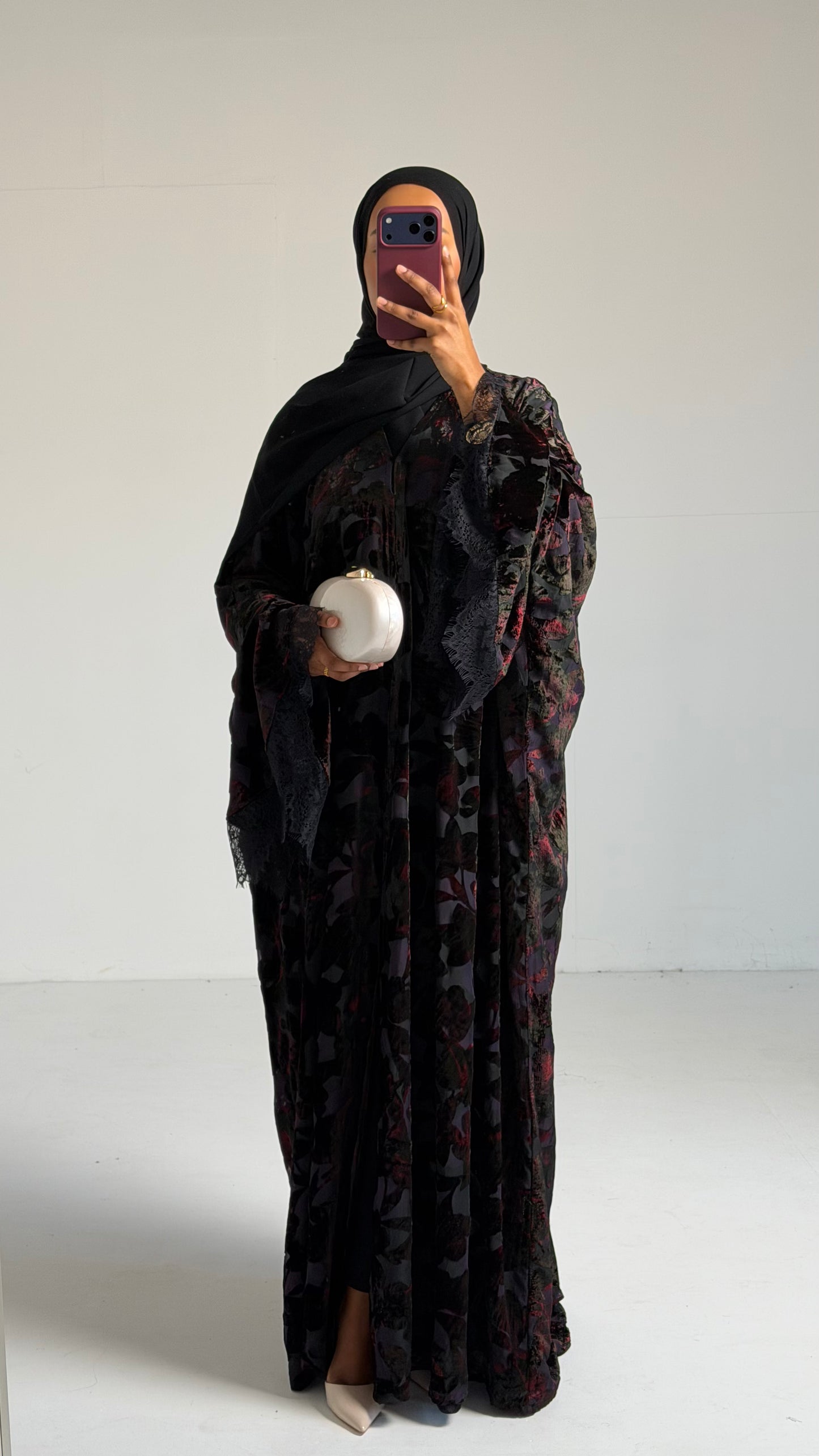 Nisma Dark Purple Velvet Flocked Butterfly Abaya