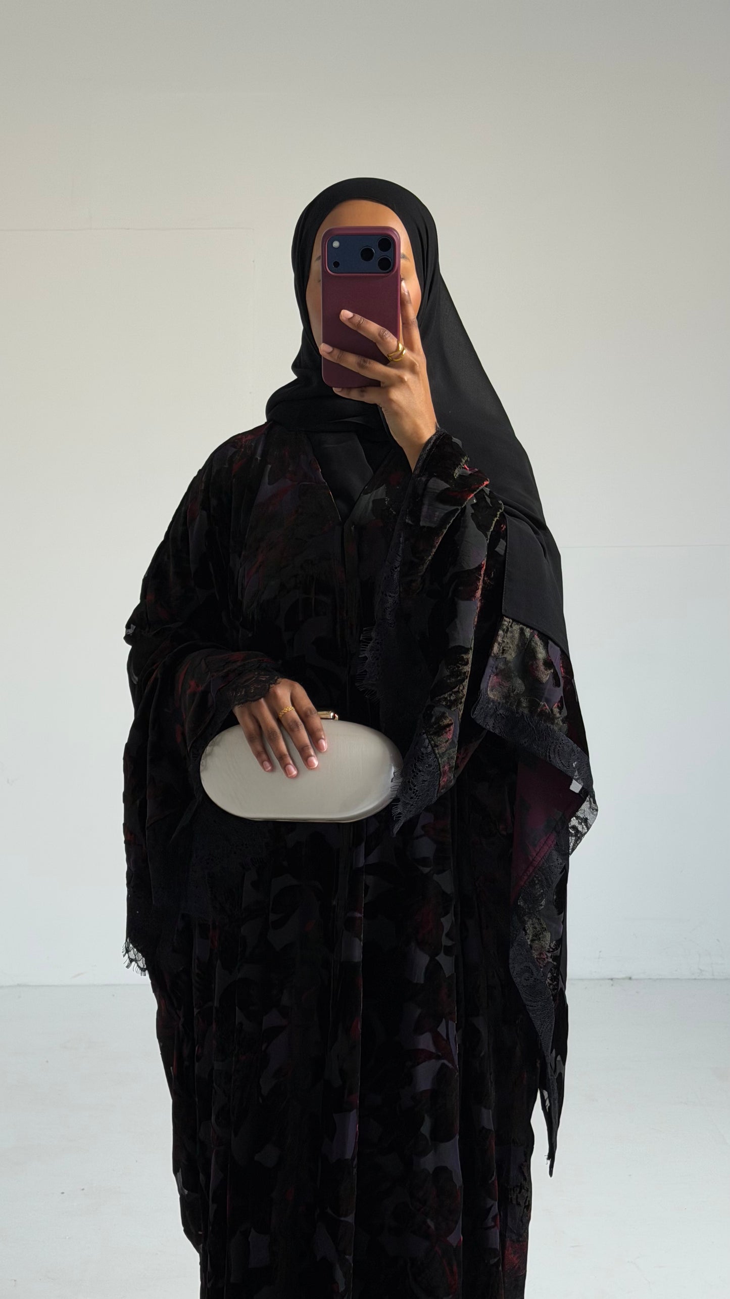 Nisma Dark Purple Velvet Flocked Butterfly Abaya